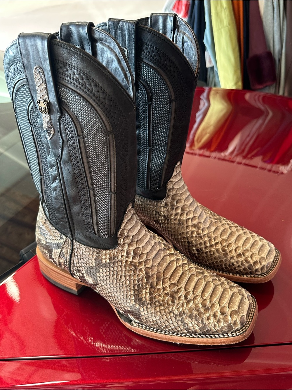 Alfa Men's Snake-Texture Western Boots in Black and Tan size 11